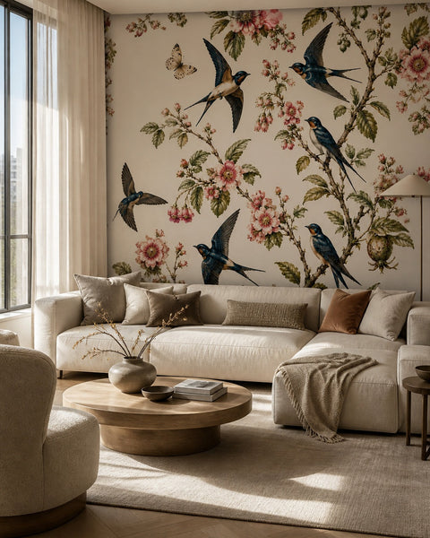 Swallows and blossoms wallpaper in a modern living room.