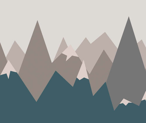 Kids wallpaper with geometric mountains in dark teal, grey and taupe with blush snowy peaks.