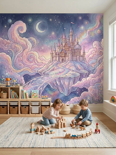 Dreamy castle wall mural with floating island and night sky