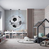 This dynamic wall mural features a classic black and white soccer ball frozen in a moment of action, surrounded by a dramatic splash of water and wisps of smoke. The ball is positioned centrally, creating a sense of focus and energy. The water droplets are captured in intricate detail, adding a sense of realism and movement. The smoke effect adds a touch of mystery and intensity to the scene.