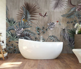 Tropical Forest Fresco Wallpaper Palm and Birds Dark Botanical Wall Mural Decor