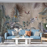 Tropical Forest Fresco Wallpaper Palm and Birds Dark Botanical Wall Mural Decor