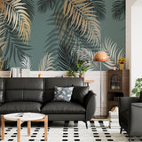 Tropikalna fototapeta Zielona tapeta Egzotyczne złote liście palmowe