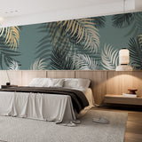 Tropikalna fototapeta Zielona tapeta Egzotyczne złote liście palmowe