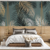 Tropikalna fototapeta Zielona tapeta Egzotyczne złote liście palmowe