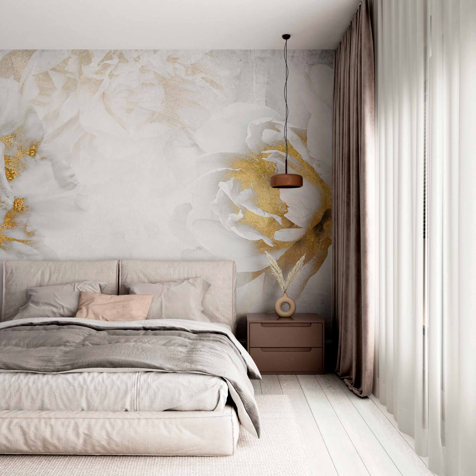 wallpaper with a pair of white peonies with gold accents on a textured, light gray background.