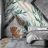 Watercolor Eucalyptus Leaves on Geometric Background Wallpaper Mural