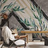 Watercolor Eucalyptus Leaves on Geometric Background Wallpaper Mural