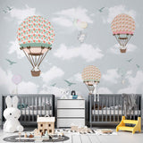 Kids Wall Mural Cartoon Animals Hot Air Balloons Birds Clouds Sky Nursery Wallpaper