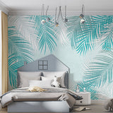 Light Blue Background Wallpaper Mural with Watercolor Palm Leaves