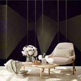 Modern Abstract Golden Line Art on Black Background Wall Mural Wallpaper - Futuristic Geometric Design