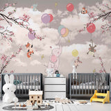 Kids Wall Murals Pink Clouds Air Balloon Flying Animals Blossom Branch Wallpaper for Kids