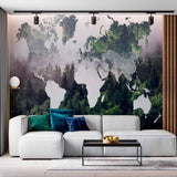Nature-Inspired World Map Wall Mural Wallpaper with Forest Overlay