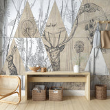 Vintage Natural History Illustration Wall Mural Wallpaper - Sketch Style Wildlife and Flora Design
