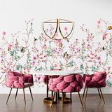 Akwarela fototapeta z ptakami i kwiatami na jasnoniebieskim tle