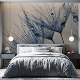 Close-Up Dandelion with Water Droplets Wall Mural Blue Floral Wallpaper
