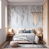 Pełen wdzięku wiszące liście wierzby na miękkim niebieskim tle Fototapeta - tapeta spokojnej natury