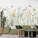 A wallpaper with watercolor painting of a meadow with a variety of wildflowers, grasses, and two delicate butterflies.