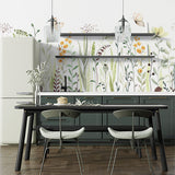 A wallpaper with watercolor painting of a meadow with a variety of wildflowers, grasses, and two delicate butterflies.