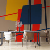 Abstrakcyjna tapeta ścienna z grafiką współczesną - odważny geometryczny wzór w kolorze czerwonym, niebieskim i żółtym