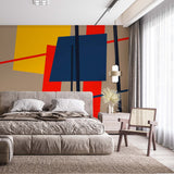 Abstrakcyjna tapeta ścienna z grafiką współczesną - odważny geometryczny wzór w kolorze czerwonym, niebieskim i żółtym