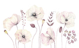 A watercolor painting of delicate white poppies and other wildflowers in soft pink and purple hues against a white background.