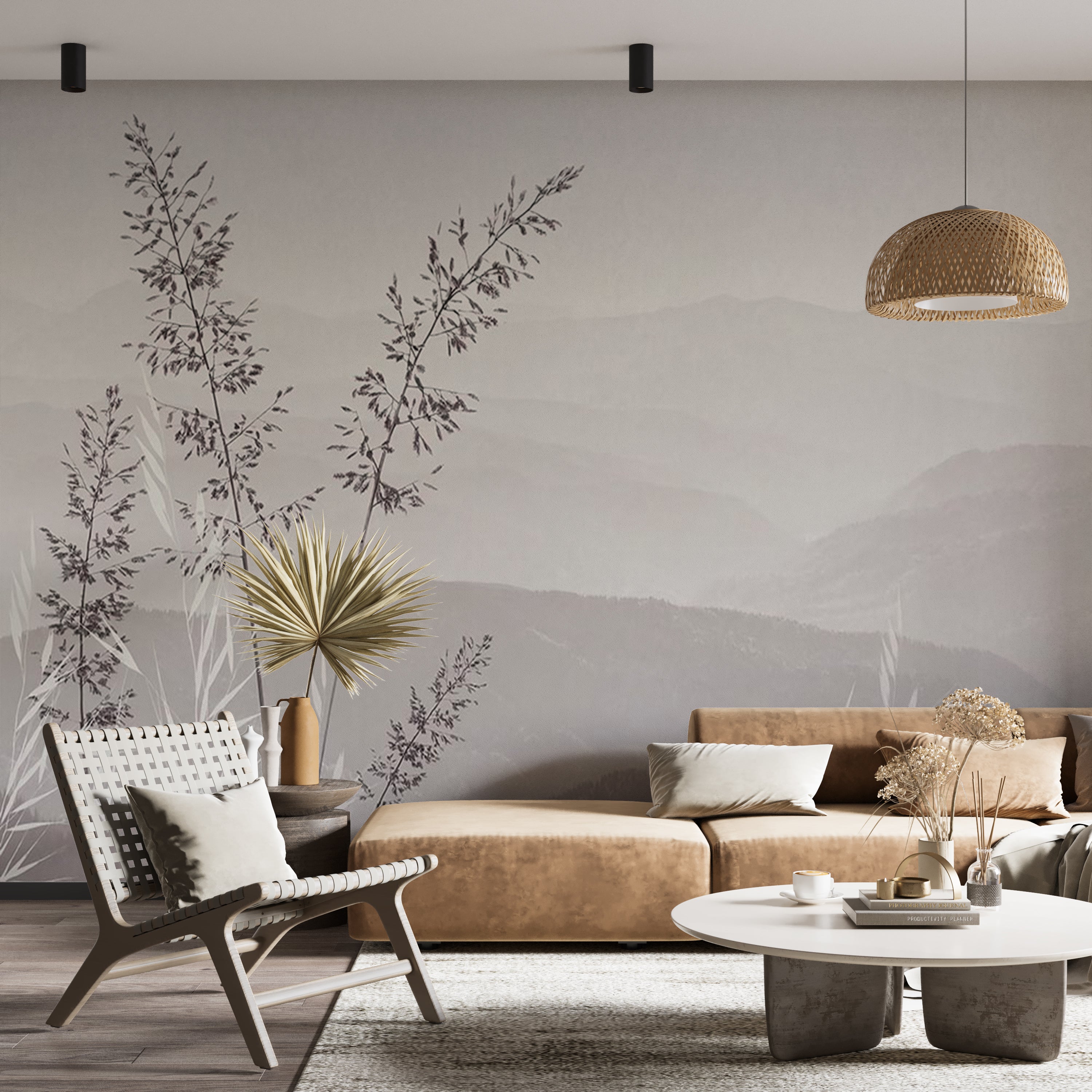 A serene minimalist wallpaper featuring delicate grass silhouettes against a soft, misty mountain backdrop in muted gray tones.