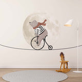 Kids Wall Mural Circus Bear on Bike Moon Sky Light Clouds Minimal Design Nursery Wallpaper