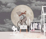 Kids Wall Mural Circus Bear on Bike Moon Sky Night Clouds Nursery Wallpaper