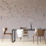 Tapeta z motywem wiosennych kwiatów i ptakami Fototapeta z różowymi kwiatami