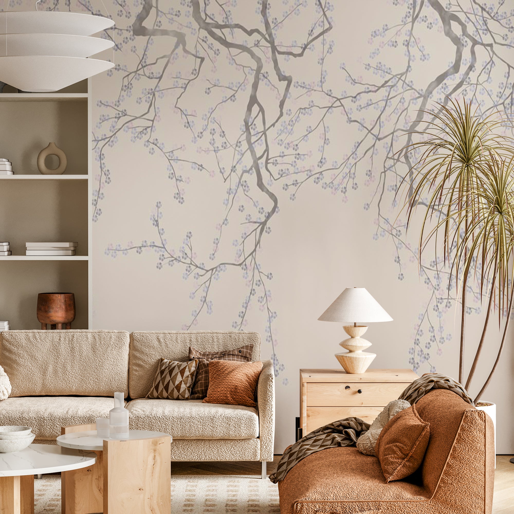 A serene wallpaper design featuring delicate cherry blossom branches in soft gray and white tones against a muted background.
