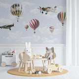 Kids Wall Murals Airplane Hot Air Balloons Colorful Skyline Design Aircraft Wallpaper for Kids