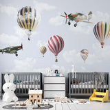 Kids Wall Murals Airplane Hot Air Balloons Colorful Skyline Design Aircraft Wallpaper for Kids