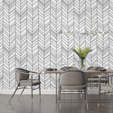 Minimalist Black and White Herringbone Pattern Wall Mural Wallpaper - Modern Linear Design