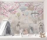 Sky-Themed Kids Wall Murals Animals Clouds Sakura Blossom and Hot Air Balloons