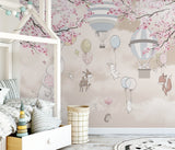 Sky-Themed Kids Wall Murals Animals Clouds Sakura Blossom and Hot Air Balloons