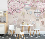 Sky-Themed Kids Wall Murals Animals Clouds Sakura Blossom and Hot Air Balloons