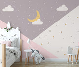 Kids Wall Mural Geometric Moon Dots Stars Pink Wallpaper for Girls