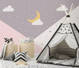 Kids Wall Mural Geometric Moon Dots Stars Pink Wallpaper for Girls
