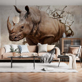 Rhinoceros Wallpaper 3D Breaking Wall Mural Wildlife Art Decor