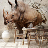 Rhinoceros Wallpaper 3D Breaking Wall Mural Wildlife Art Decor