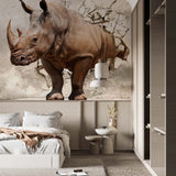 Rhinoceros Wallpaper 3D Breaking Wall Mural Wildlife Art Decor