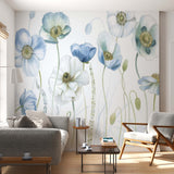 Delicate Blue and White Floral Mural Wallpaper - Elegant Poppy Flowers Design