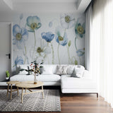 Delicate Blue and White Floral Mural Wallpaper - Elegant Poppy Flowers Design