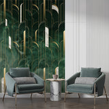 Luxurious Gold and Green Art Deco Wall Mural Wallpaper - Elegant Vertical Line Design