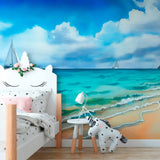 Tapeta z motywem spokojnego wybrzeża z żaglówkami