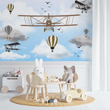 Custom Kids Wall Mural Vintage Airplane Sky Hot Air Ballons Wallpaper for Kids