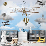Custom Kids Wall Mural Vintage Airplane Sky Hot Air Ballons Wallpaper for Kids