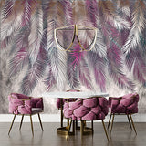 Colorful Feathers Siver Violet Fresco Wallpaper Tropical Palm Leaf Wall Mural