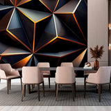 A dark, abstract wallpaper featuring a geometric pattern of overlapping triangles in shades of black and gold.